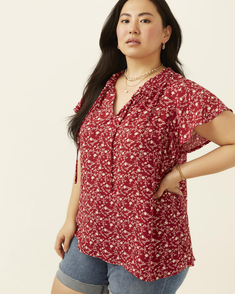 Front of plus size Anne Tie-Neck Flutter Sleeve Top by Molly & Isadora | Dia&Co | dia_product_style_image_id:192889